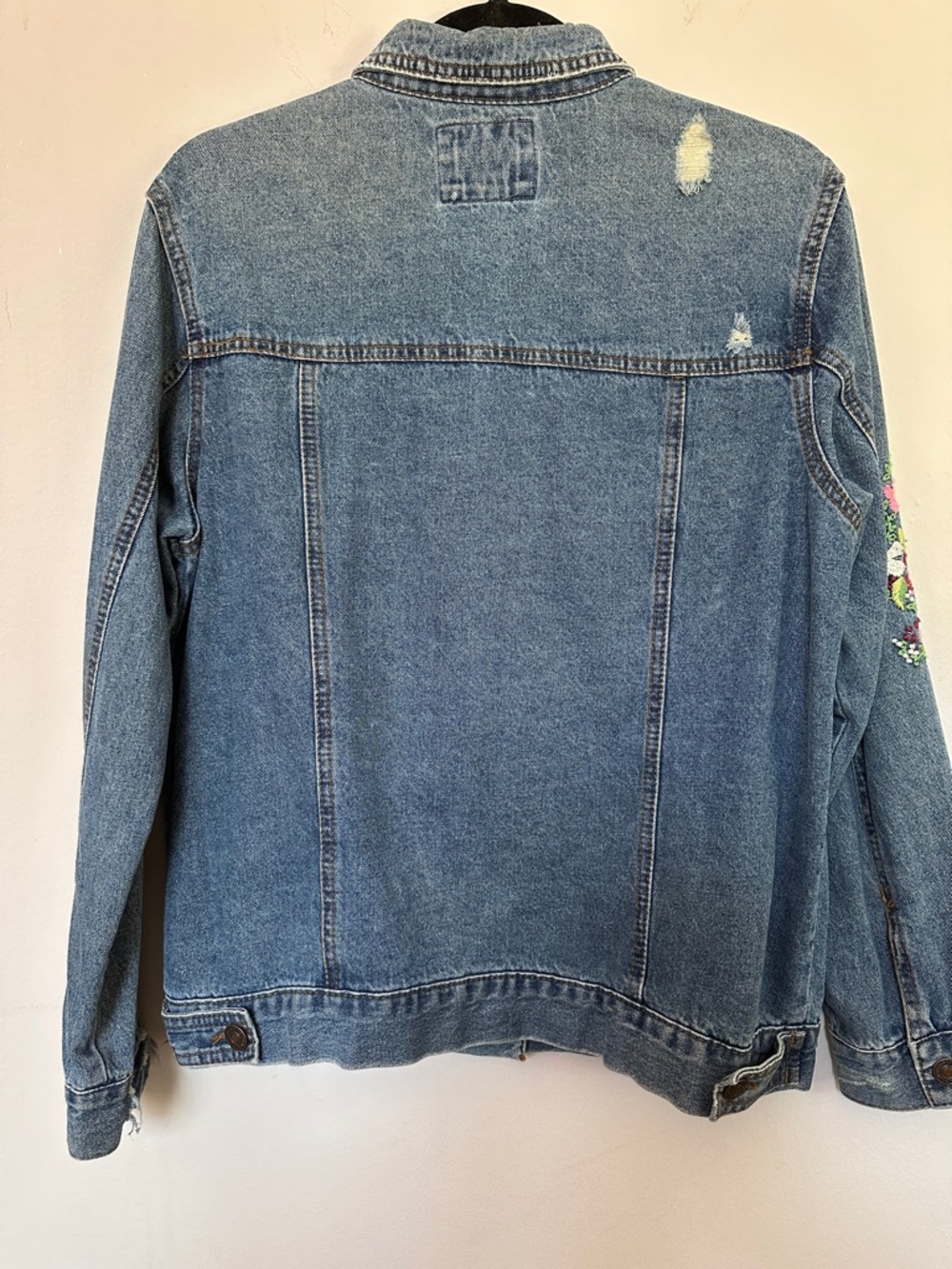 Oversized Denim Jacket with Pink, Red & White Floral Embroidery - Picture 3 of 6